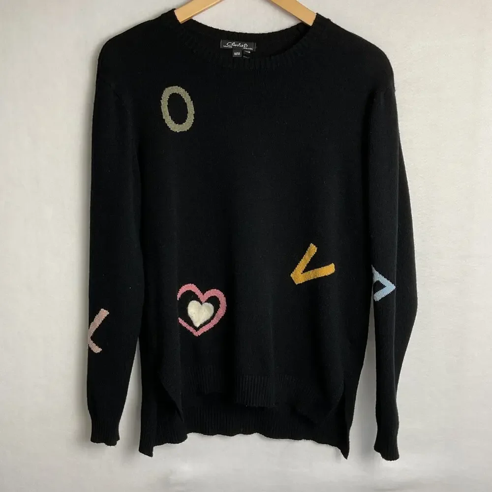 LOVE Sweater by Charlie B Black Long Sleeve Needle Felt Medium